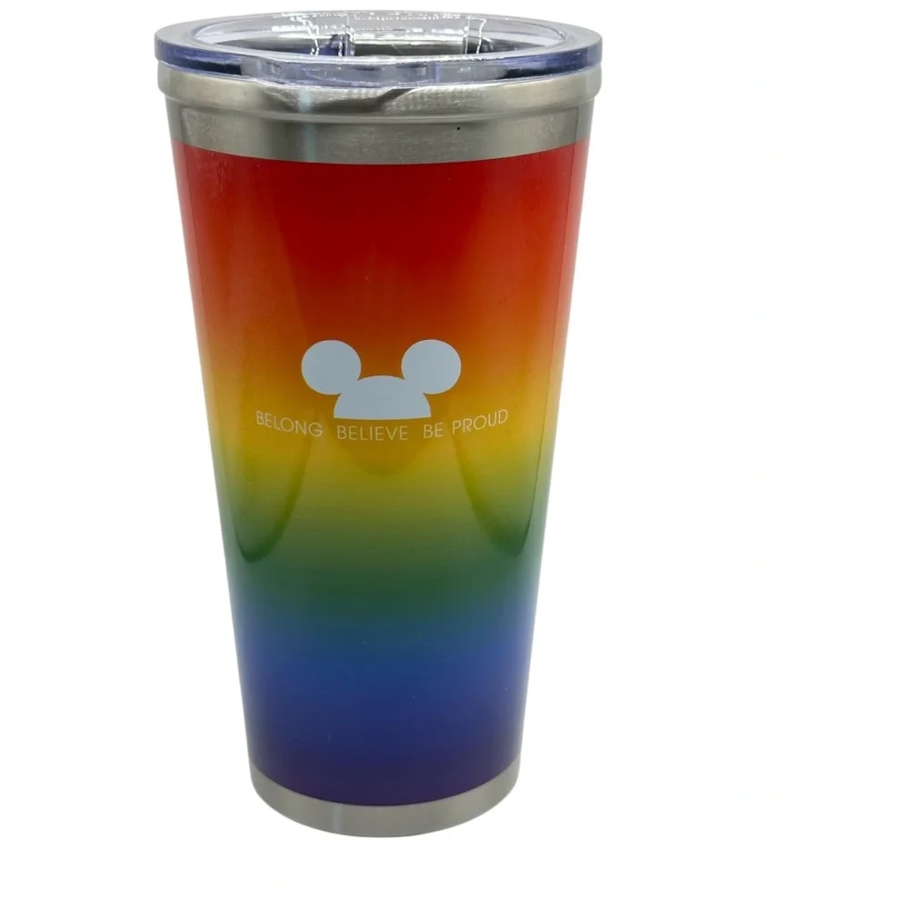 Disney Parks Pride Mickey Rainbow Stainless Steel Travel Tumbler NEW w/Strap